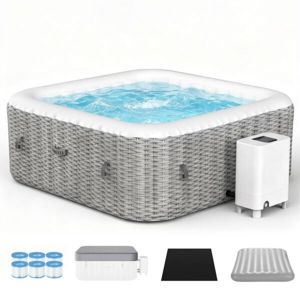 UHOMEPRO 4-6 Person Inflatable Hot Tub, 73" Square, 130 Jets, External Heater Pump